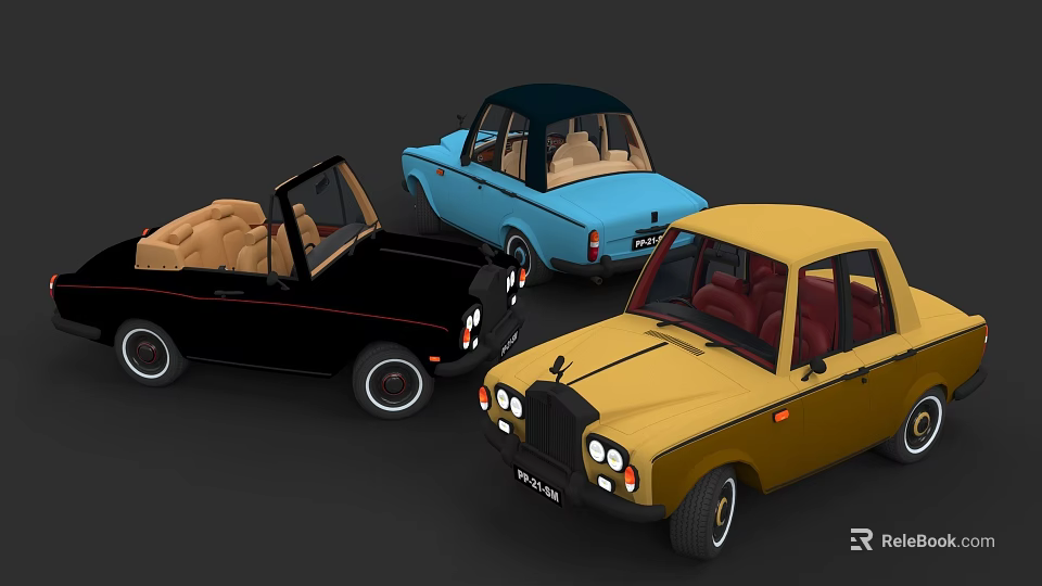Colorful Vintage Cars Collection Featuring Black Convertible Blue Sedan And Yellow Model 3d model 