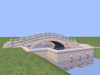 Stone Bridge With Arch Structure Over Water In Green Grass Field And Ornate Railings 3d model