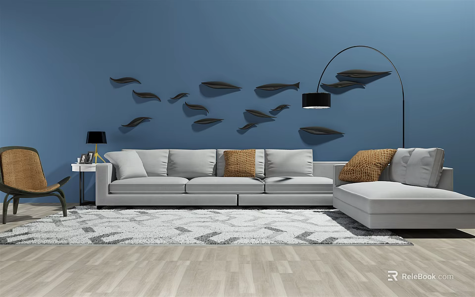 Modern Sectional Sofa Set with Blue Wall Fish Decor Floor Lamp and Throw Pillows 3d model