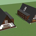 A frame Guesthouse Building With Black Roof Brown White Walls On Green Lawn