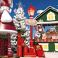 Festive Christmas Village With Green Cottage Red Buildings Snowy Trees Wooden Sled And Decorations 3d model