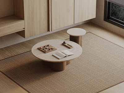Minimalist Wooden Sofa Coffee Table Set With Round Top And Natural Rug In Living Room Interior 3d model