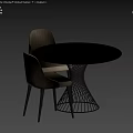 Modern Dining Table and Chair Set With Beige Striped Upholstered Chairs And Black Round Table