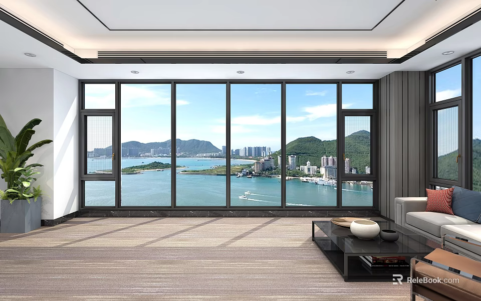 Spacious Living Room With Floor To Ceiling Windows Overlooking Sea Mountain And City View 3d model 