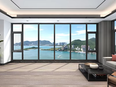 Spacious Living Room With Floor To Ceiling Windows Overlooking Sea Mountain And City View 3d model