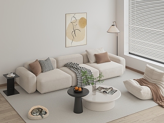 Sofa Combination Cream Style Sofa Combination Coffee Table Leisure Chair Floor Lamp Hanging Picture Carpet Side Table Vase Pillow 3d model