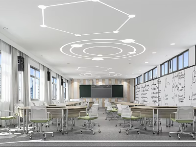 Bright School Classroom With Desks Chairs Whiteboards And Ceiling Lights 3d model