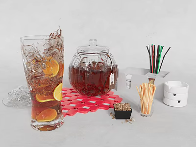 Decorative Glass Ornament Set With Tea Jar Colorful Straws Sticks Red Coaster And Containers 3d model
