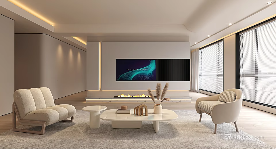 Modern Living Room With TV Wall Fireplace Beige Sofas Round Coffee Table Decorations Natural Light 3d model 