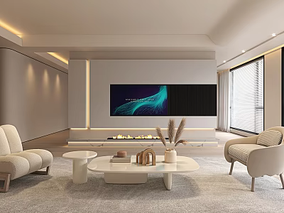 Modern Living Room With TV Wall Fireplace Beige Sofas Round Coffee Table Decorations Natural Light 3d model