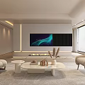 Modern Living Room With TV Wall Fireplace Beige Sofas Round Coffee Table Decorations Natural Light