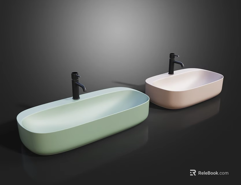 Two Modern Oval Shaped Washbasins In Light Green And Pink With Black Faucets 3d model 