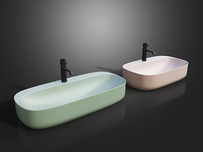 Two Modern Oval Shaped Washbasins In Light Green And Pink With Black Faucets 3d model