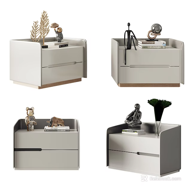 Modern Bedside Tables With Drawers Decorative Plants Statues Books And Vase 3d model 