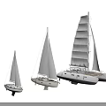 White Sailboats Showcasing Three Different Sizes Classic Sails And Hulls Design 3d model