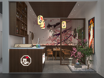 Japanese Sushi Restaurant Isakaya Restaurant Dining Table and Chair Restaurant Lantern Card Seat Cashier 3d model