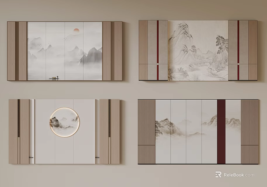 Traditional Chinese Landscape Wall Art Decor With Mountain Patterns And Frame Designs 3d model 