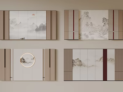 Traditional Chinese Landscape Wall Art Decor With Mountain Patterns And Frame Designs 3d model
