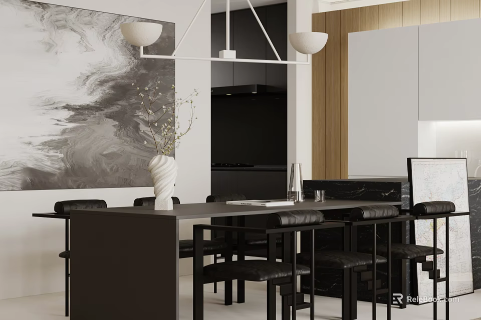 Modern Restaurant Interior With Long Black Dining Table Black Chairs White Vase And Abstract Painting 3d model 