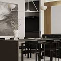 Modern Restaurant Interior With Long Black Dining Table Black Chairs White Vase And Abstract Painting