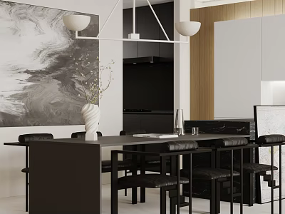Modern Restaurant Interior With Long Black Dining Table Black Chairs White Vase And Abstract Painting 3d model