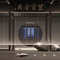 Traditional Chinese Teahouse Interior With Wooden Pillars Long Table And Sloped Roof Beams