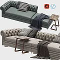 Tufted Sofa Designs in Gray and Green with Pillows Blankets and Side Table 3d model