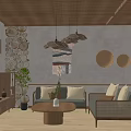 Cozy Natural Living Dining Room Interior With Wooden Ceiling Rattan Sofa And Dining Table