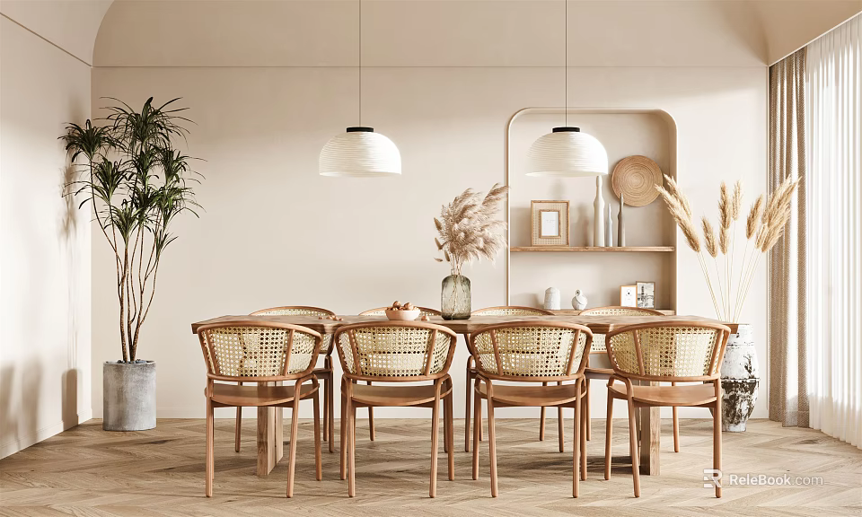 Modern Restaurant Interior With Wicker Chairs Wooden Floor Open Shelves Pendant Lights And Potted Plants 3d model 
