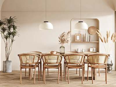 Modern Restaurant Interior With Wicker Chairs Wooden Floor Open Shelves Pendant Lights And Potted Plants 3d model