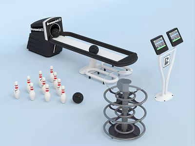 Complete Mini Bowling Sports Equipment Set With Lane Pins Balls Scoring Monitors And Rack 3d model