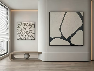 Modern Abstract Paintings in Minimalist Interior With Geometric Patterns And Curved Black Lines 3d model