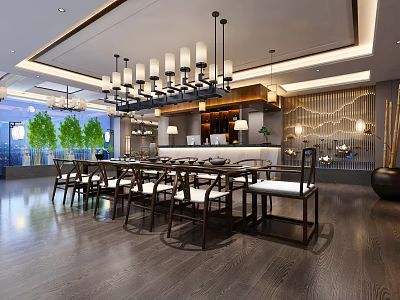 Modern Hotel Lobby Interior With Chandeliers Tables Chairs And Bar Counter 3d model