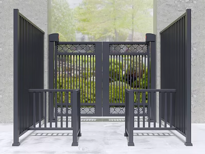 Outdoor Black Metal Double Gates With Ornate Design And Green Plants Background 3d model