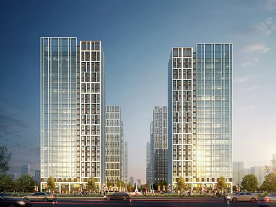 Modern High Rise Buildings With Glass Curtain Walls Urban Scene And Street Cars 3d model