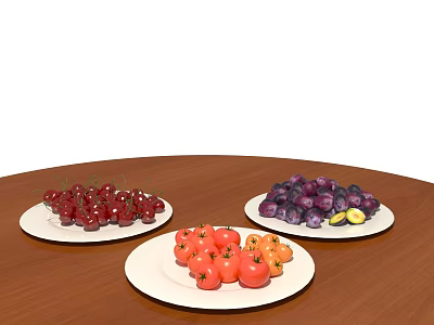 Fresh Fruits Red Cherries Purple Grapes And Tomatoes On White Plates Over Wooden Table 3d model