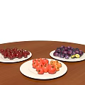 Fresh Fruits Red Cherries Purple Grapes And Tomatoes On White Plates Over Wooden Table