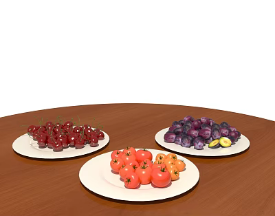 Fresh Fruits Red Cherries Purple Grapes And Tomatoes On White Plates Over Wooden Table 3d model