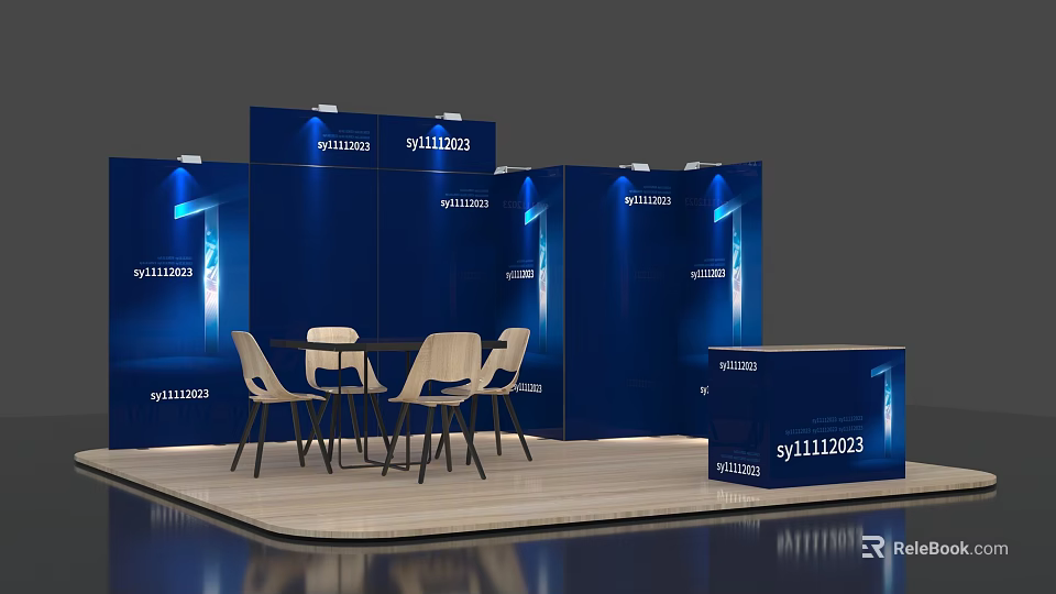 Blue Exhibition Booth With Display Panels Round Table White Chairs And Reception Desk 3d model 
