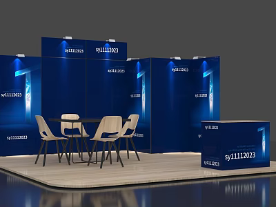 Blue Exhibition Booth With Display Panels Round Table White Chairs And Reception Desk 3d model