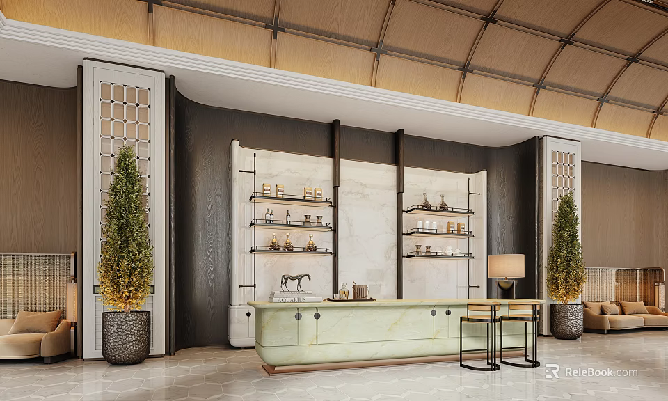 Luxury Modern Sales Office Reception Space With Exquisite Marble Counter Display Shelves And Decorative Plants 3d model 