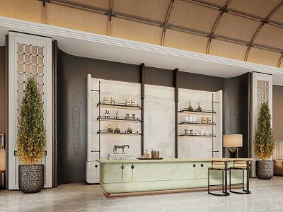 Luxury Modern Sales Office Reception Space With Exquisite Marble Counter Display Shelves And Decorative Plants 3d model