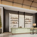 Luxury Modern Sales Office Reception Space With Exquisite Marble Counter Display Shelves And Decorative Plants