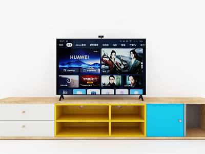 Colorful TV Stand With Yellow White Blue Storage Drawers And TV On Top 3d model