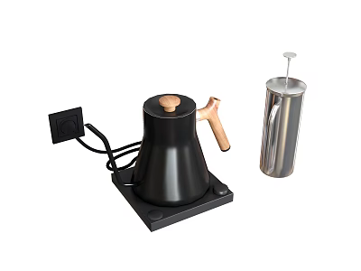 Electric Black Coffee Maker With Wooden Handle And Silver Milk Frother For Home Use 3d model