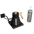 Electric Black Coffee Maker With Wooden Handle And Silver Milk Frother For Home Use