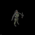 Tactical Human Character In Green Vest Helmet Camouflage Pants Holding Rifle On Gray Background
