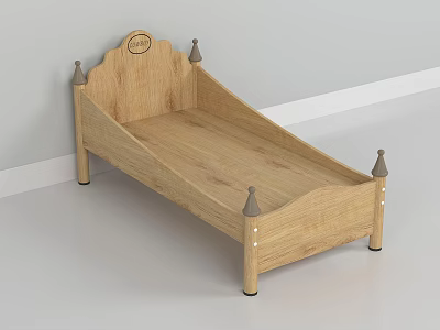 Natural Wooden Baby Crib With Decorative Pointed Posts And Circular Headboard Emblem 3d model