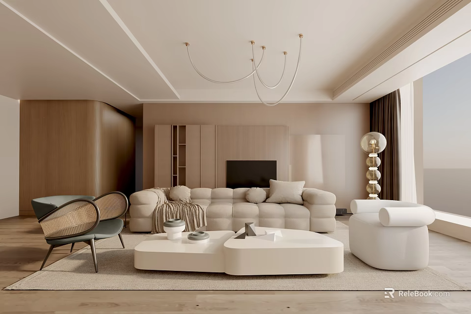 Modern Living Room Interior Design With Comfortable Sofa White Coffee Table And Metal Chandelier 3d model 
