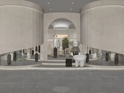 Modern Clothing Store Interior With Curved Walls Mannequins Green Plants And Decorative Elements 3d model